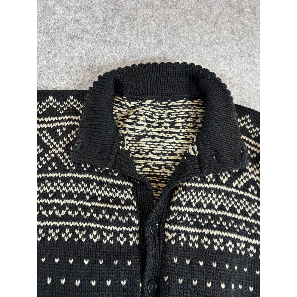 Vintage 1940s Nordic Cardigan Sweater Mens Large Black Fair Isle Chunky Knit